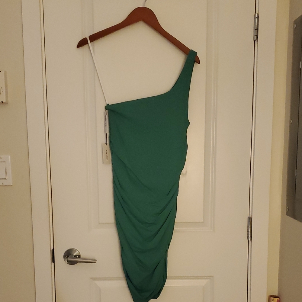 Babaton Green Asymmetrical Ruched Cocktail Dress